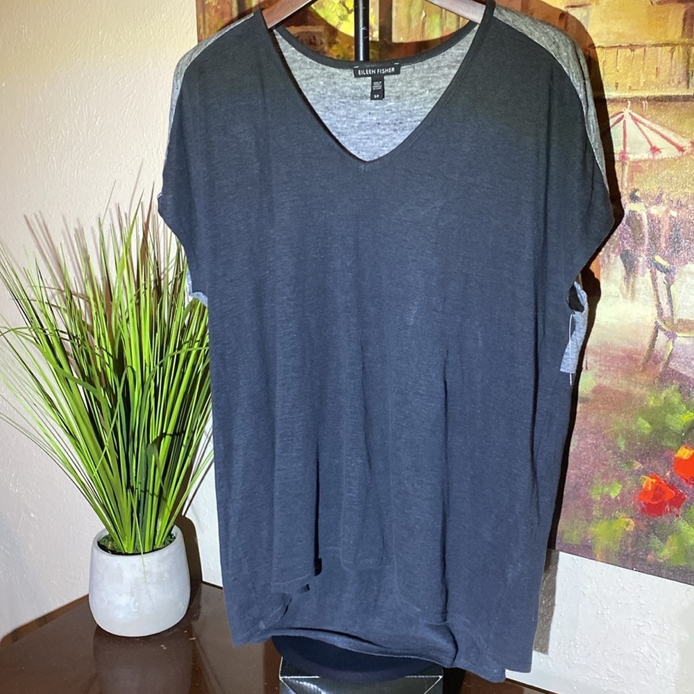 Eileen Fisher Stylish Dark Gray Two Color Linen Boxy Tunic Top Size Small S/P